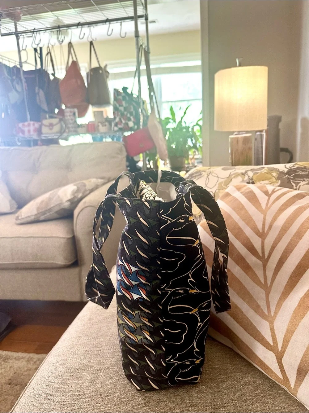 Tory Burch Black Patterned Tote with Multicolor Graphic Accents & Swan Print